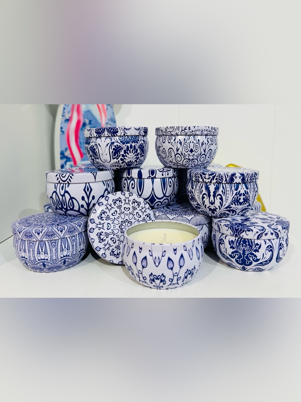 Blue & White Decorative Tin Candles - Choose 1